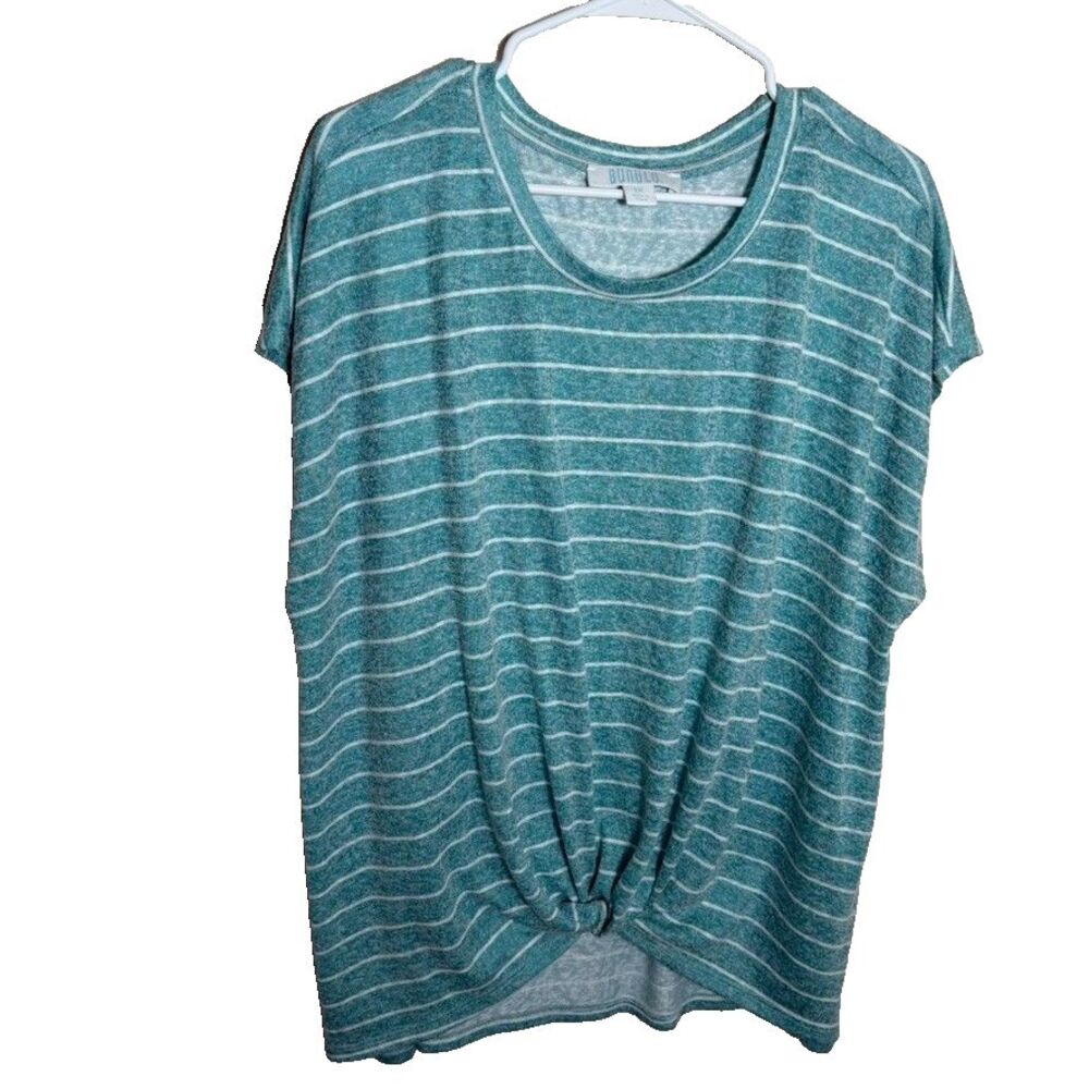 Bunulu T-Shirt Women's 1X Blue Striped Round Neck Short Sleeve Tie Casual Top